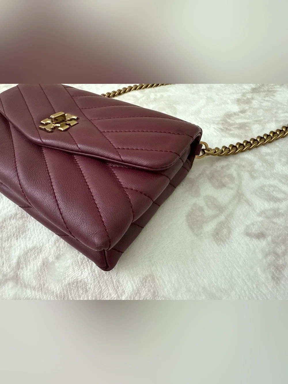 TORY BURCH Kira Chevron Quilted Leather Chain Strap Crossbody Bag in Burgundy